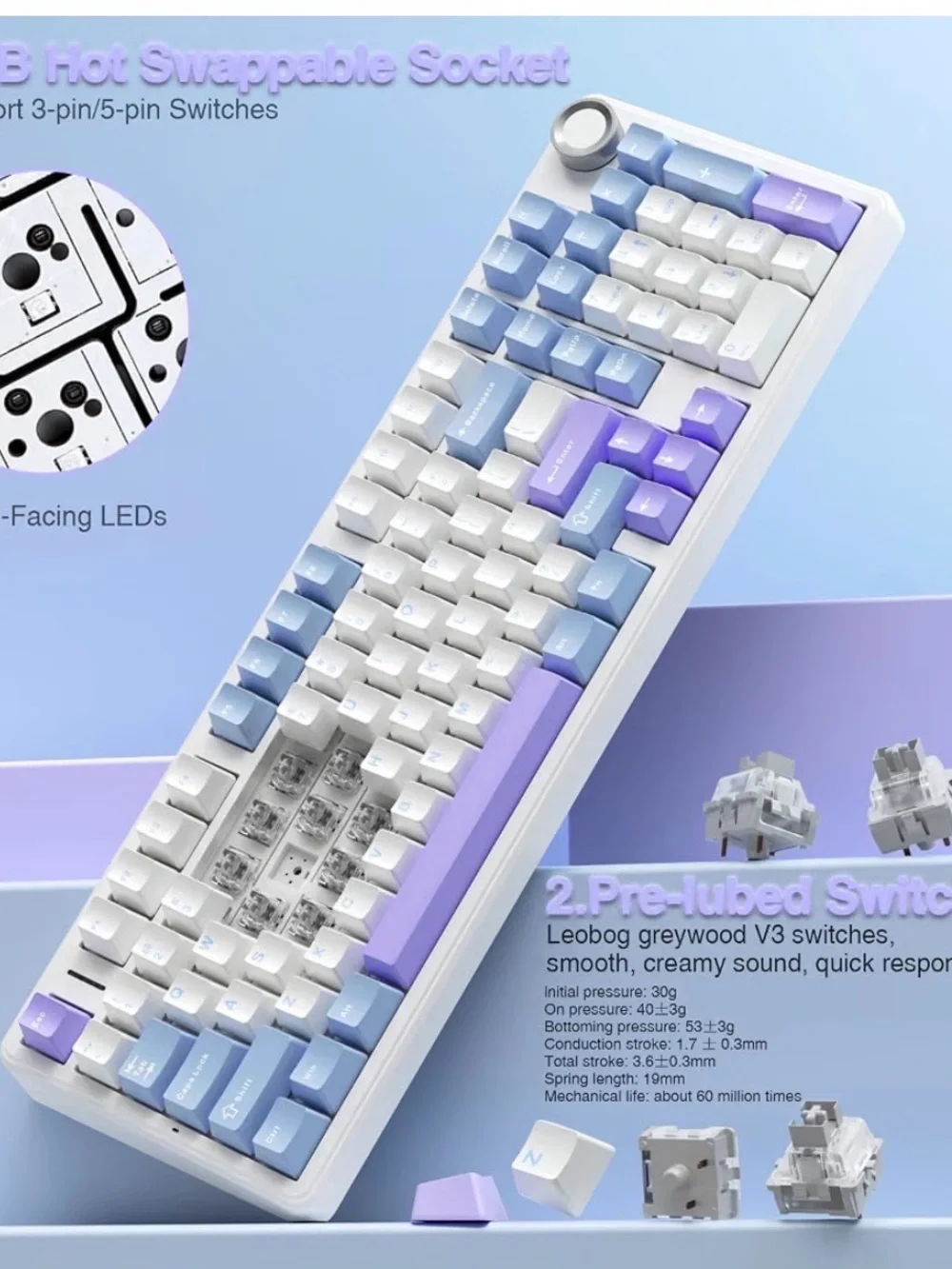 AULA F99 Pro Tri-Mode Wireless Mechanical Keyboard w/ Knob, Blue Purple White